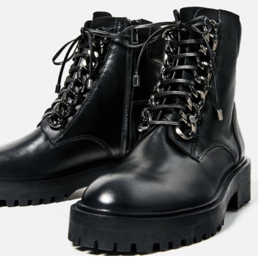 Zara Genuine Leather Chain Combat Moto Boots Black Size 39 // US 8 - Picture 2 of 8